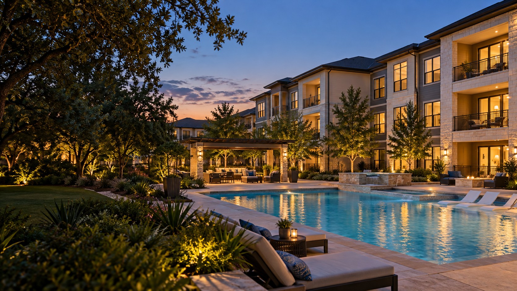 Illustrative apartment community with a landscaped pool